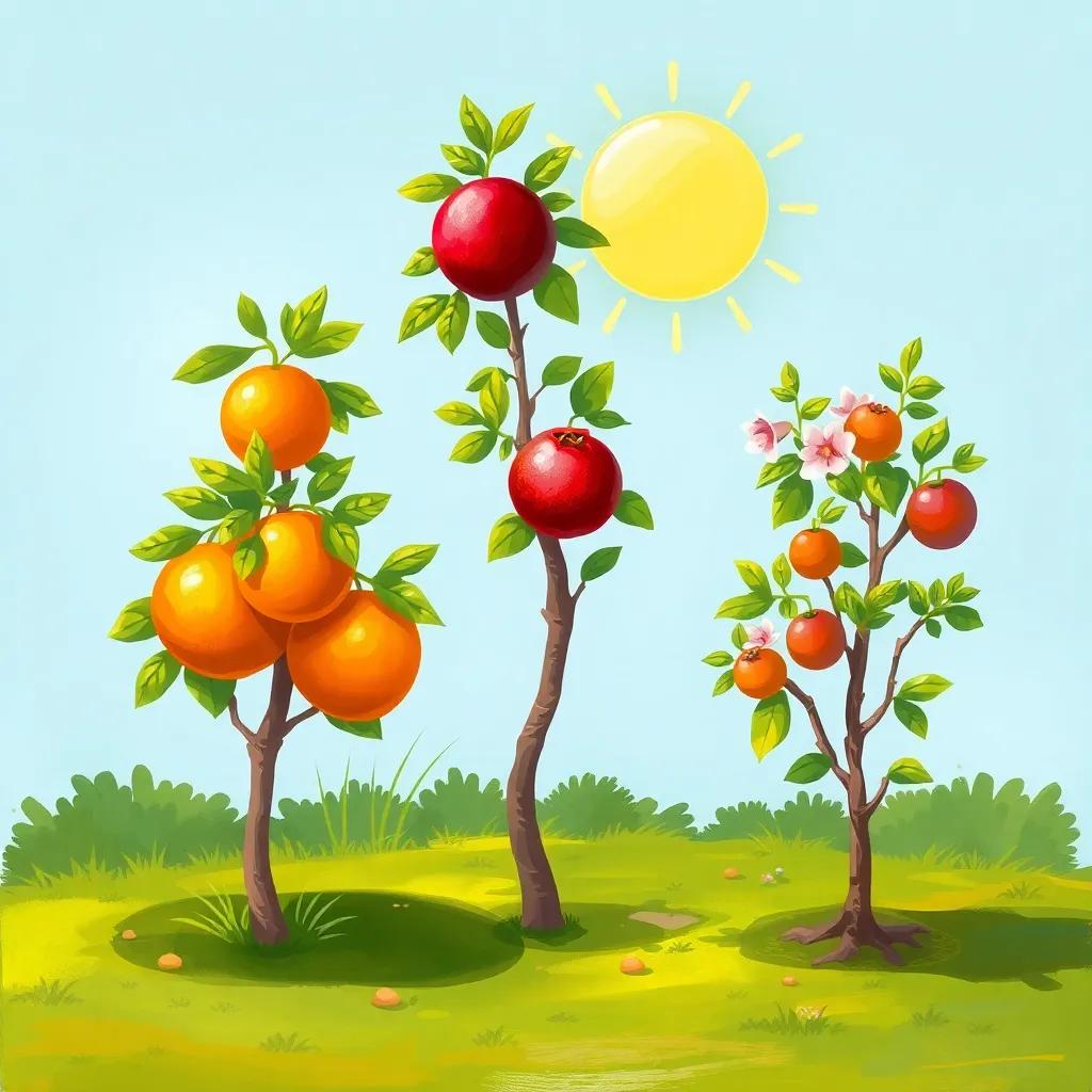 A small garden with three trees; an orange tree with bright oranges, a pomegranate tree with beautiful flowers, and a small apple tree, sunny day, cheerful atmosphere, colorful, digital art, child-friendly