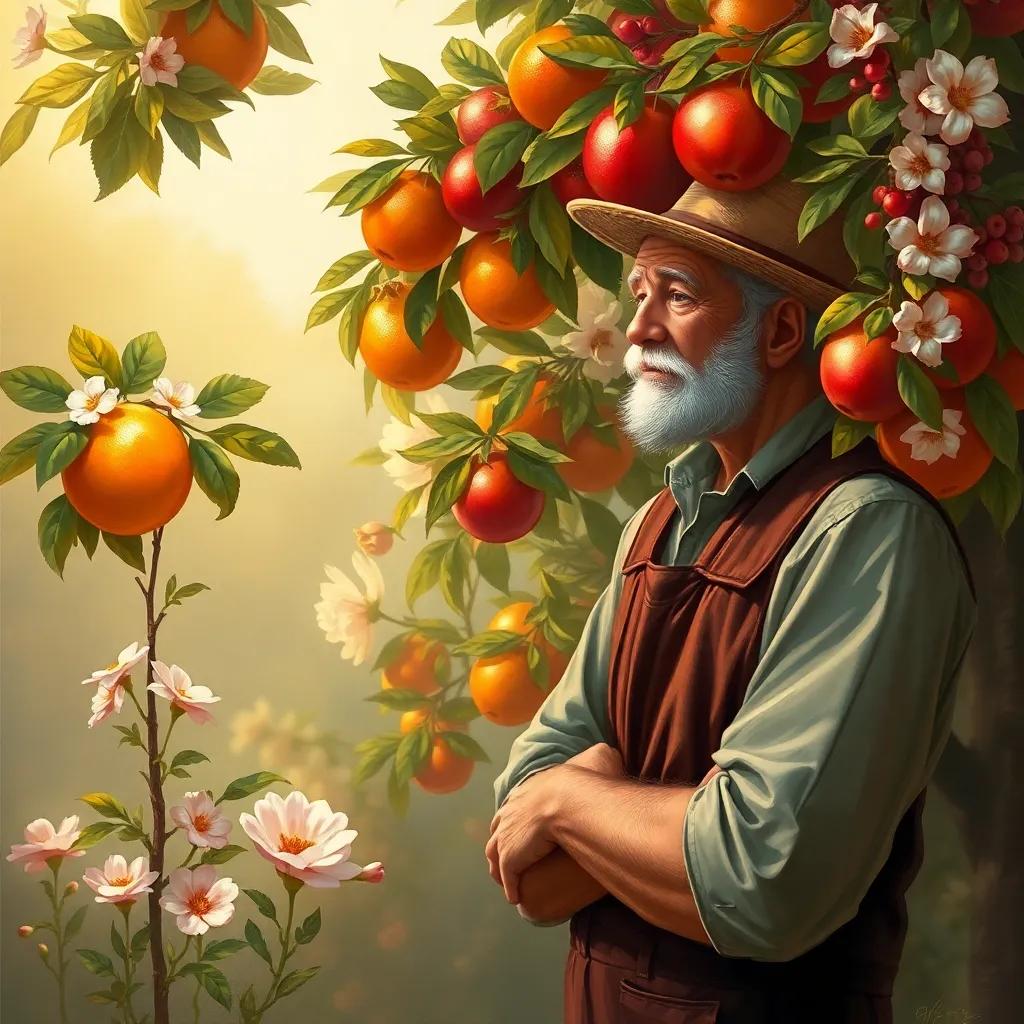 A farmer talking thoughtfully to the orange tree and pomegranate tree, while looking sadly at the small apple tree, surrounded by blooming flowers, warm light, caring expression, heartwarming scene, digital painting