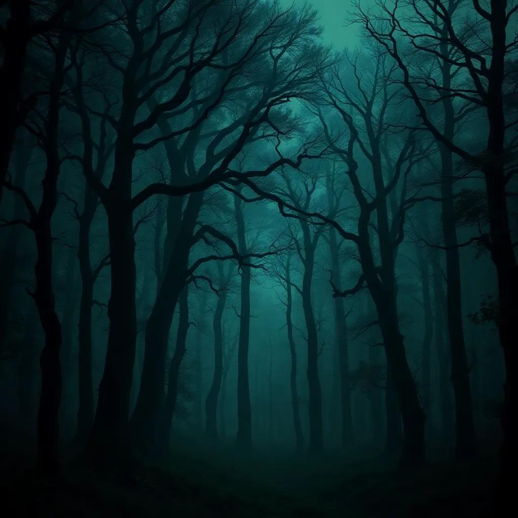 A dark and dense forest with towering trees whispering in the wind, with a whimsical and spooky atmosphere, digital art, shadowy colors, mysterious vibe, high quality