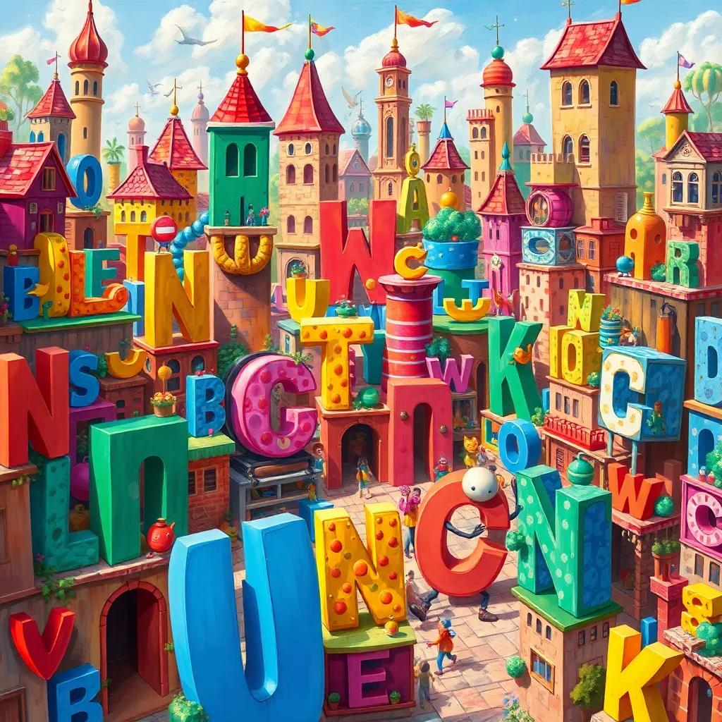 A colorful city filled with letters and words, vibrant and lively, characters resembling a verb, subject, and object happily interacting, detailed digital art, bright colors, cheerful atmosphere, high quality