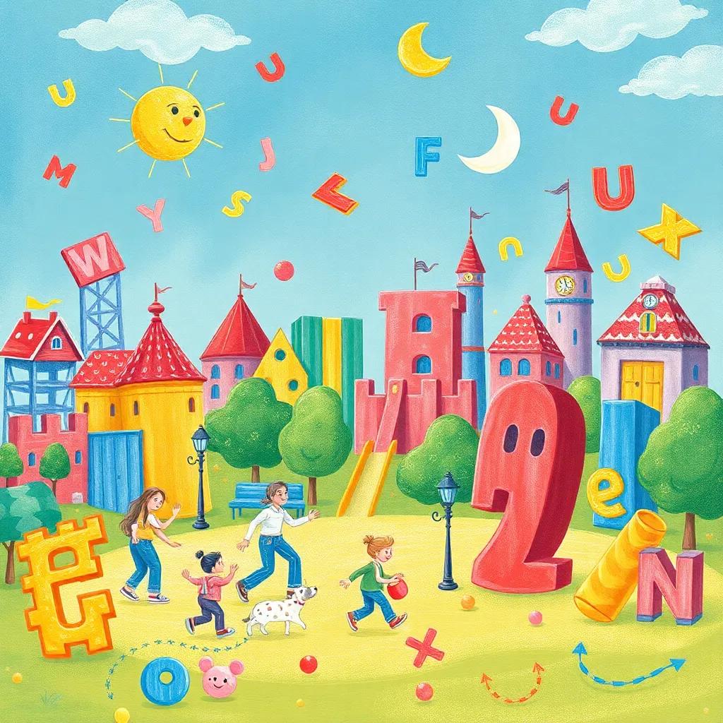 A fun park in the city of words, the verb, subject, and object playing together, surrounded by floating letters and joyful expressions, illustration, playful, enchanting, child-friendly
