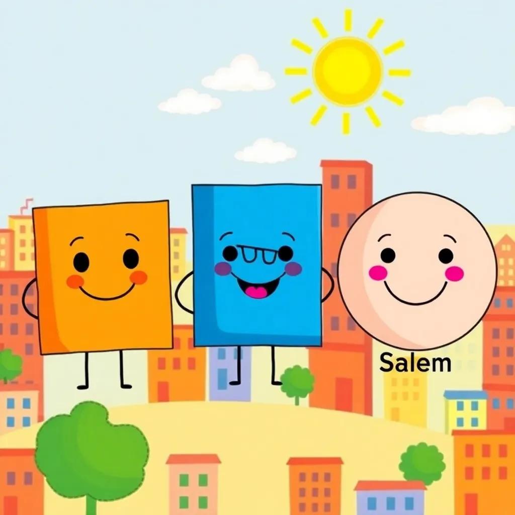 Three simple geometric shapes: a strong square named Faris with equal sides, a stylish rectangle named Nora with long and short sides, and a cheerful circle named Salem with no angles, in a sunny city filled with buildings, illustration, colorful, bright, whimsical atmosphere, child-friendly