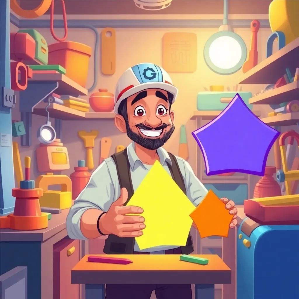 A skilled engineer named Badr in a colorful workshop full of tools and materials, smiling as he interacts with the three shapes, digital art, warm light, vibrant colors, inviting view, cheerful
