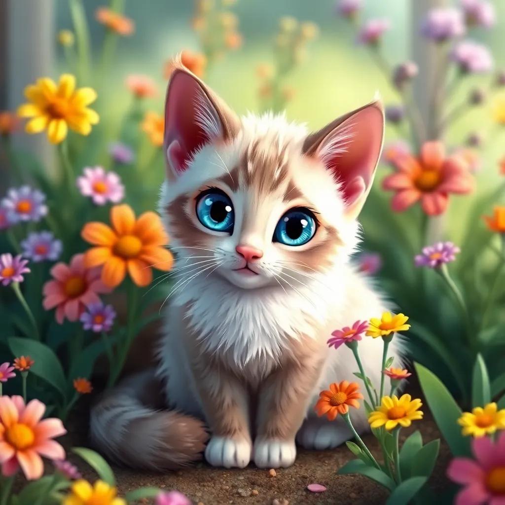 A beautiful cat named Mia with soft fur and blue eyes sitting in a small garden surrounded by colorful flowers, digital art, vibrant colors, cheerful atmosphere, high quality