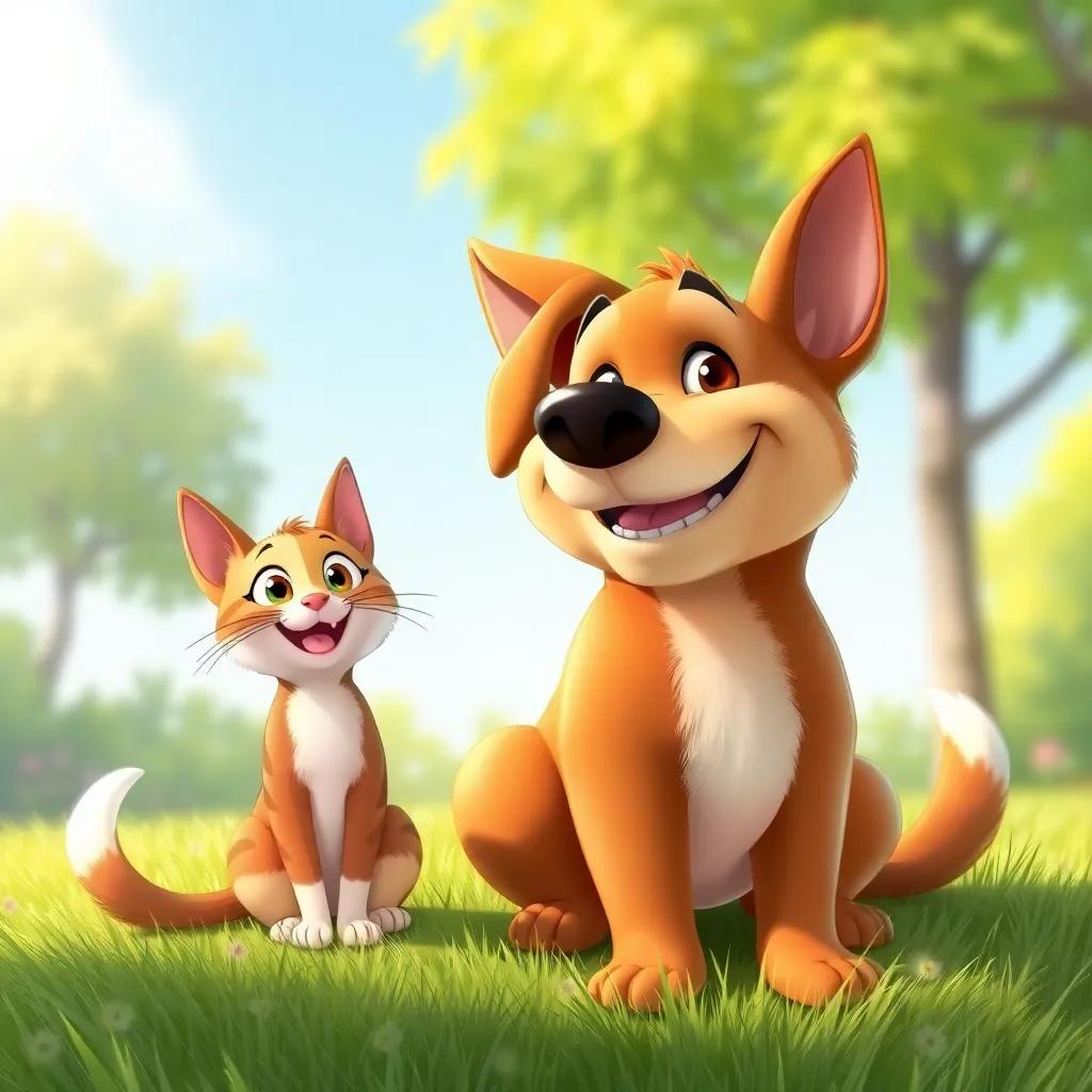 A large brown dog named Boba smiling with a wagging tail sitting on the grass, beside Mia the cat, both looking playful and happy, illustration, bright sunny day, child-friendly