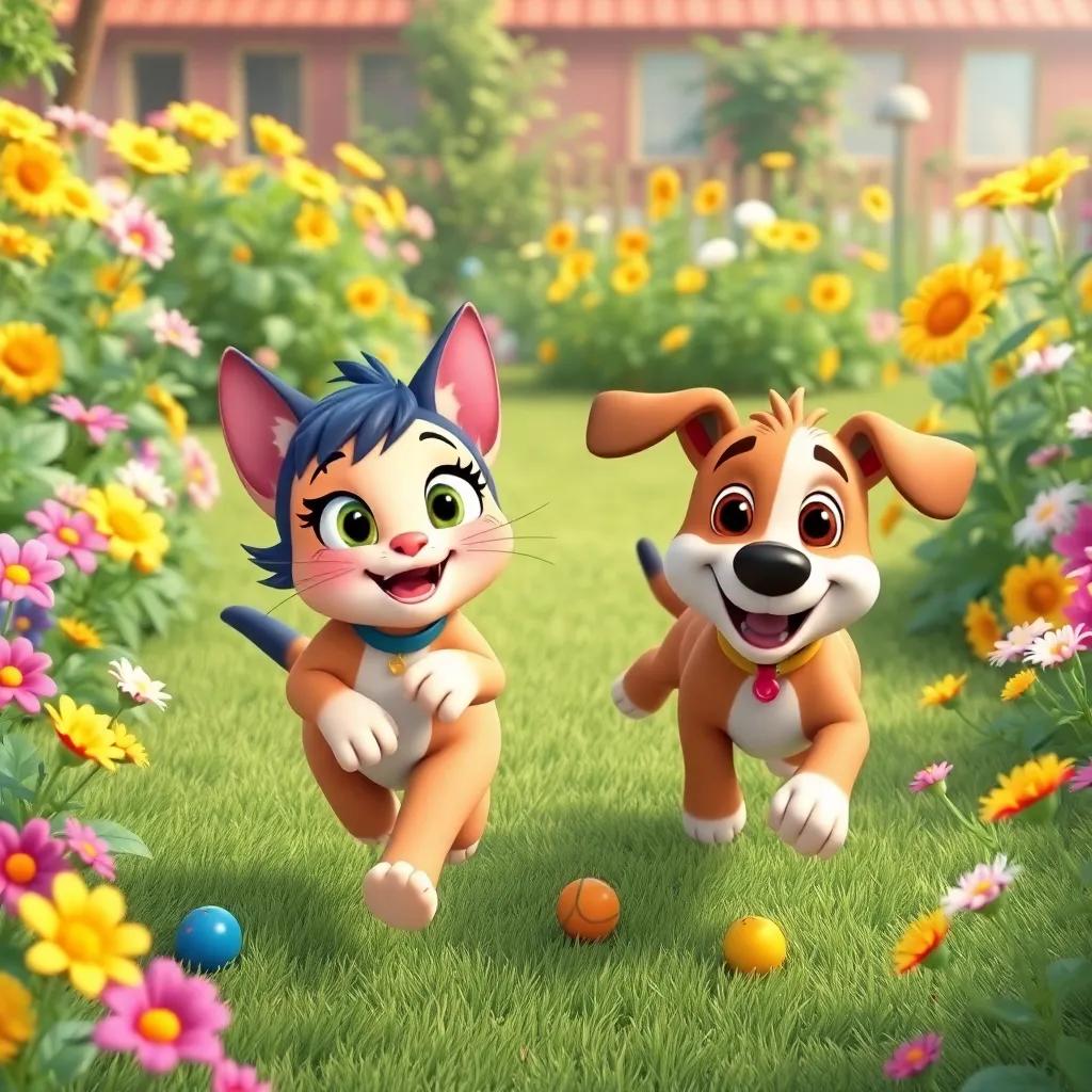 Mia the cat and Boba the dog playing together in a big garden, running around with colorful toys and flowers around them, joyful scene, cartoon style, vibrant colors, high quality