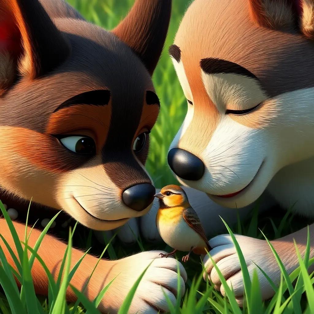 A close-up of Mia and Boba helping a small trapped bird, Mia using her gentle paws and Boba using his strength, surrounded by green grass, heartwarming scene, realistic, uplifting