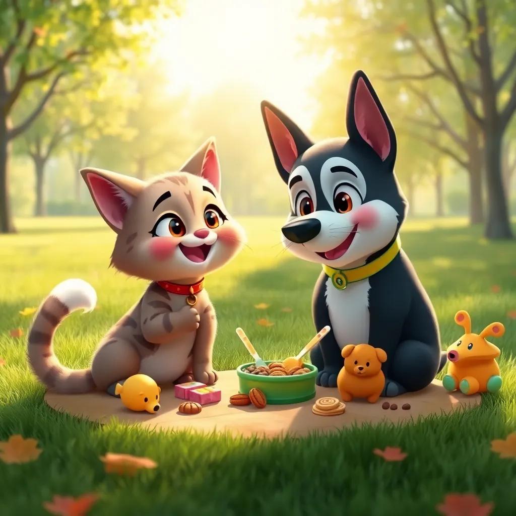 Mia the cat and Boba the dog celebrating their friendship with a small picnic in the park, with snacks and toys around them, sun shining, cheerful and bright atmosphere, high quality