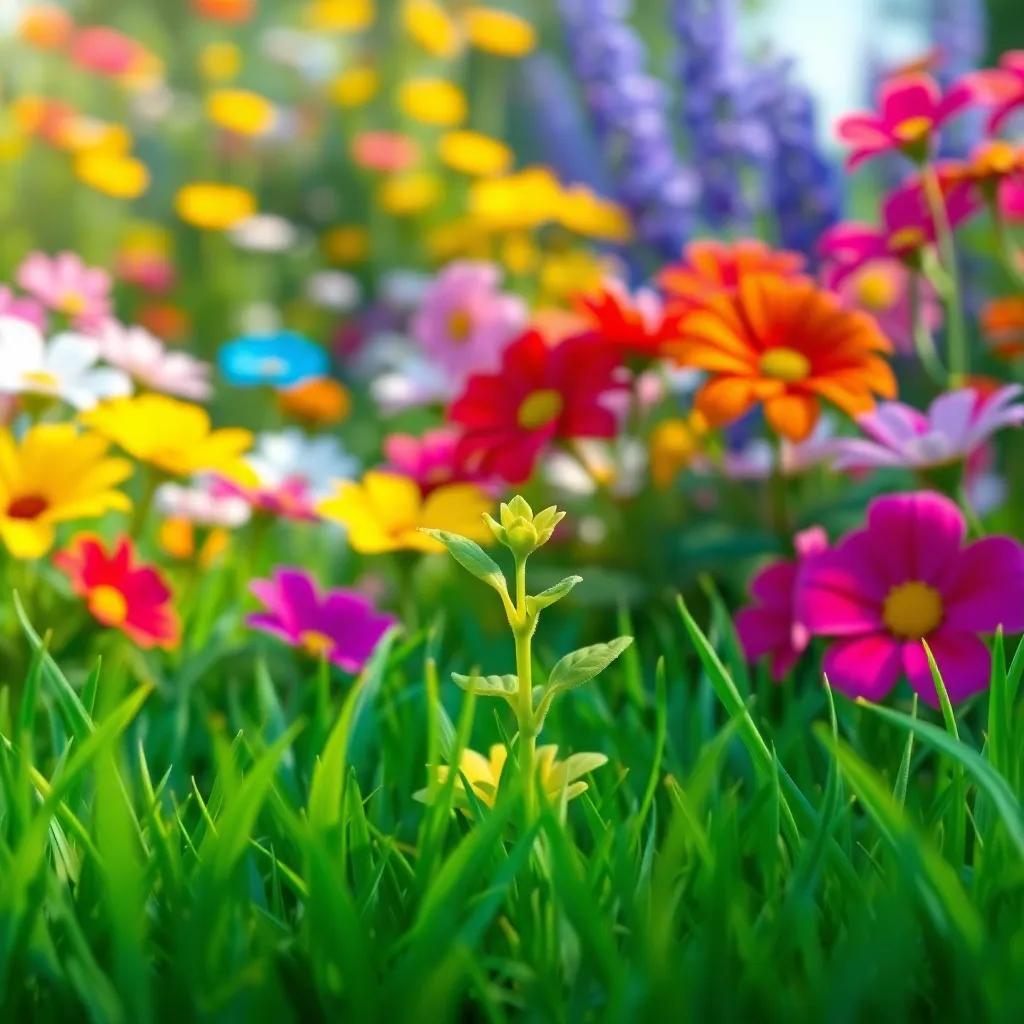 A beautiful garden with colorful flowers, focusing on a small plant named Zahr, a young green flower with cute petals, surrounded by bright green grass and vibrant colors, cheerful atmosphere, lively and engaging