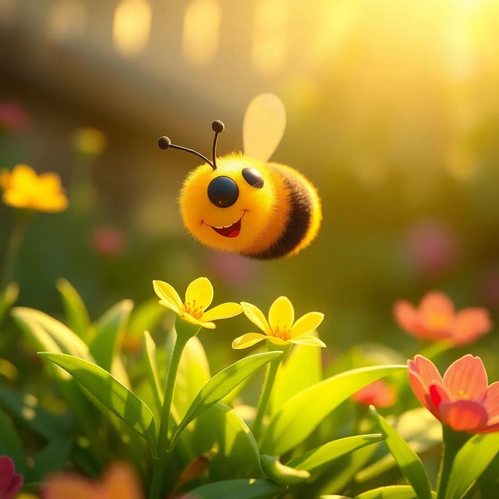 A cheerful bee buzzing around Zahr, the small green flower, in the garden, capturing the essence of friendship with a smile, soft sunlight illuminating the scene, bright and inviting colors, magical atmosphere