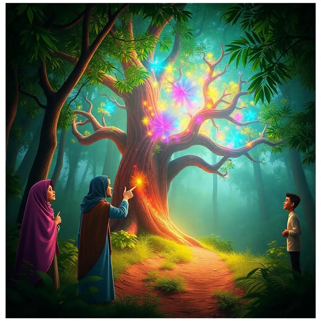A magical tree in the forest, sparkling with rainbow colors, surrounded by lush greenery, Fatima pointing at it in amazement, Sulaiman and Ali looking shocked, fantasy style, vibrant colors, inviting light, high quality, awe-inspiring