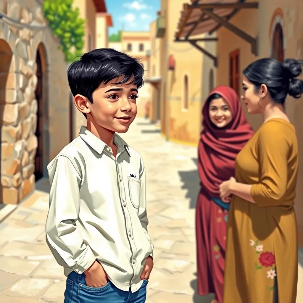 A young Arab boy, Sami, with short black hair wearing a simple shirt and jeans, standing in a village street while talking to his friends Ali and Fatima, bright daylight, cheerful atmosphere, colorful, engaging scene, child-friendly