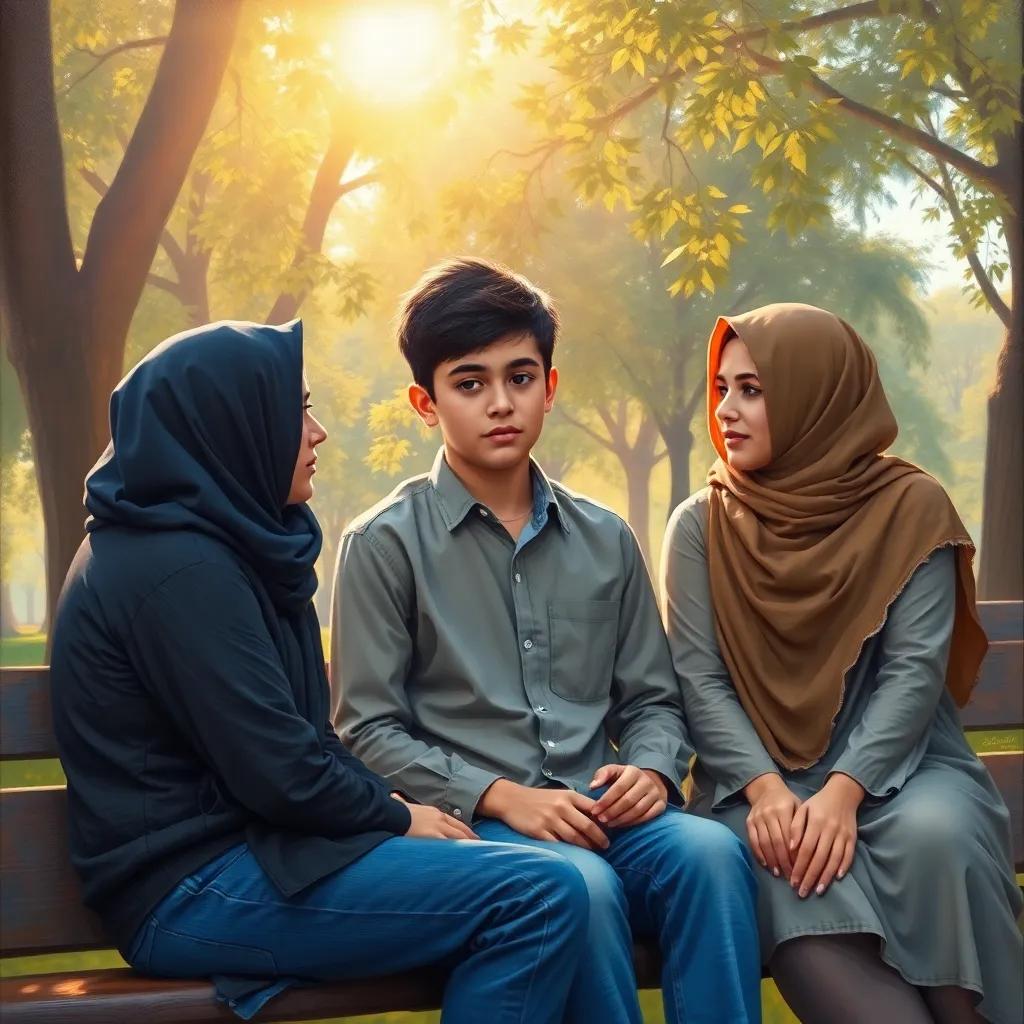 A young Arab boy, Sami, with short black hair wearing a simple shirt and jeans sitting in the park with his friends Ali and Fatima, looking sad while listening to Fatima apologizing, soft sunlight filtering through tree leaves, warm and engaging, inviting environment