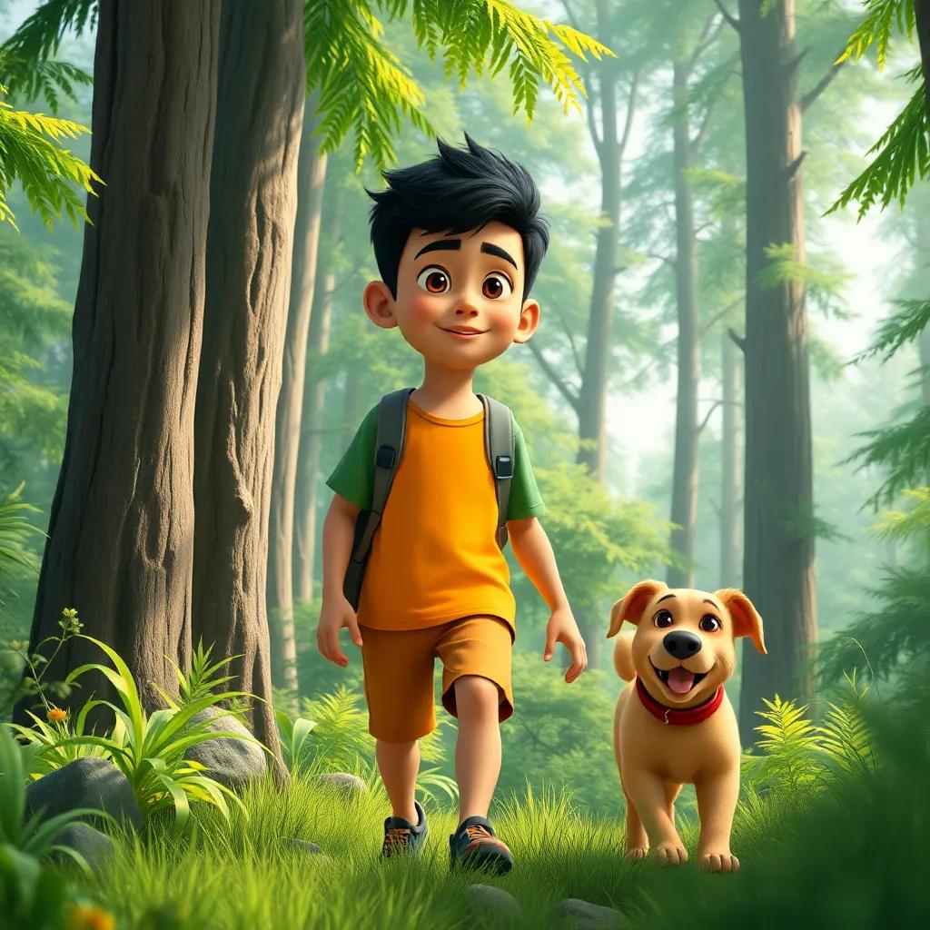 A young Arab boy, Sami, with short black hair, wearing a bright T-shirt and shorts, exploring a lush green forest with tall trees, alongside his dog, Lulu, digital art, adventurous, detailed, bright colors, nature-themed
