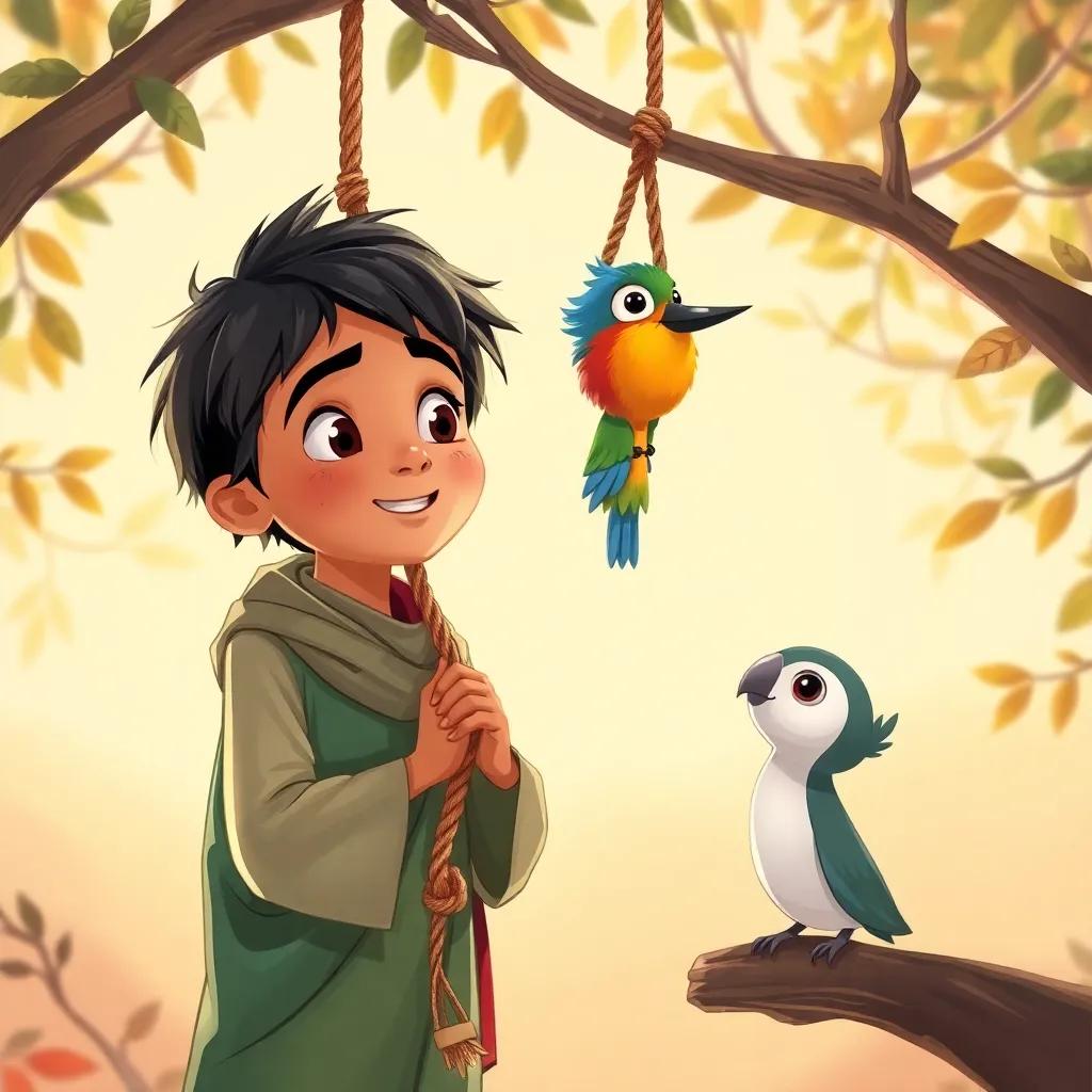 Sami, a young Arab boy, with short black hair, holding a rope to rescue a colorful bird trapped in branches, with Lulu by his side encouraging him, illustration, caring, heartwarming, detailed, warm colors