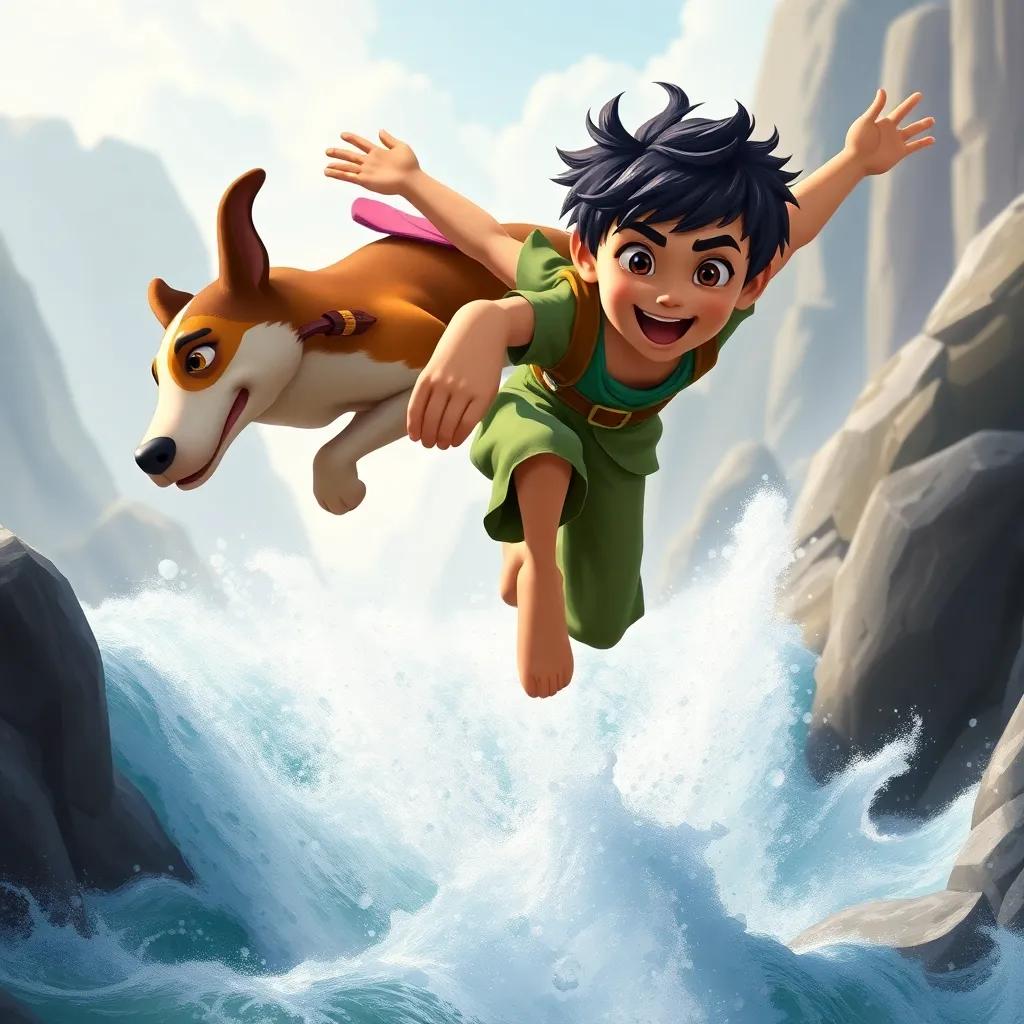 Sami, a young Arab boy, with short black hair, and his dog, Lulu, leaping over a rushing river together, showcasing their bravery and teamwork, digital art, thrilling, dynamic, bright colors, inspiring