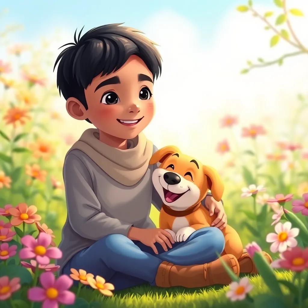 Sami, a young Arab boy, with short black hair, sitting in a garden with his dog, Lulu, both smiling and relaxed, surrounded by flowers, representing their everlasting friendship, illustration, peaceful, vibrant colors, heartwarming scene