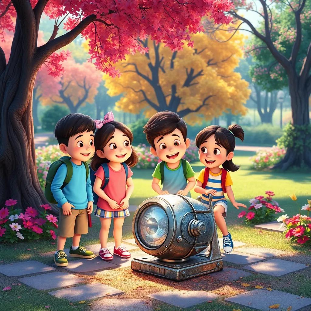 Four friends in a colorful park with flowers and trees, looking at a shiny old device on the ground. Digital art, bright colors, cheerful atmosphere, high quality