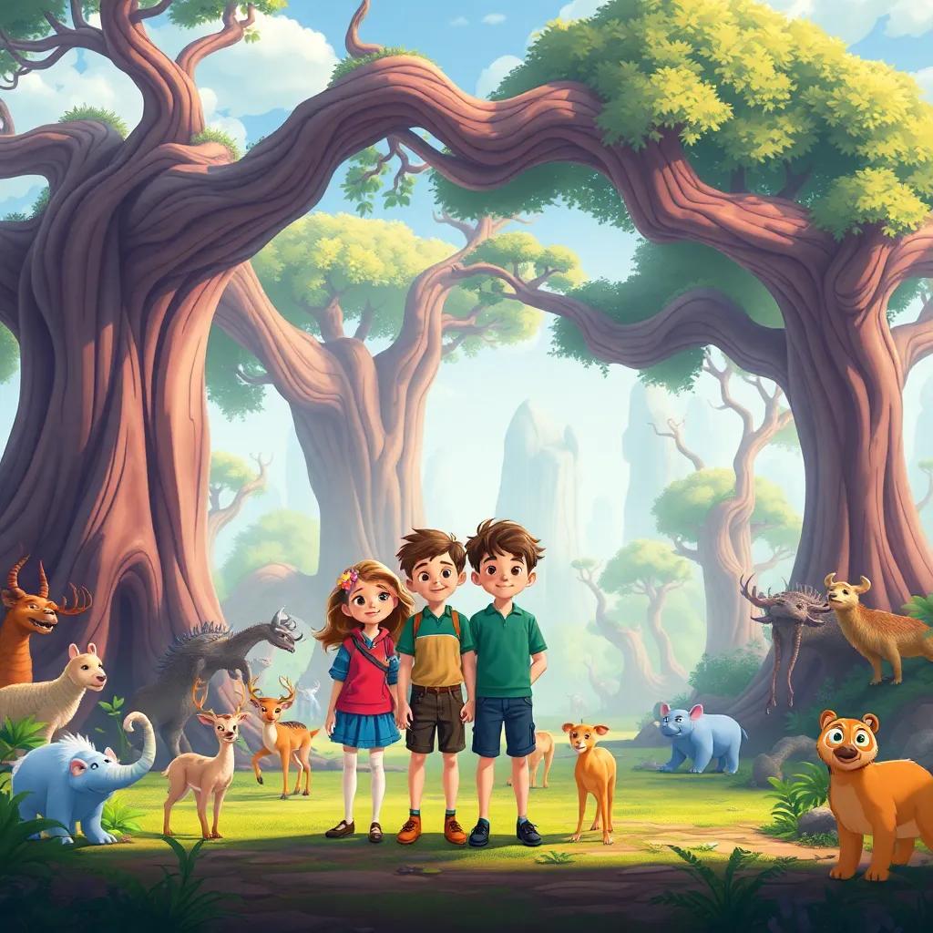 The friends standing in a magical ancient world with huge trees and unusual animals around them. Illustration, vibrant colors, adventurous feel, child-friendly