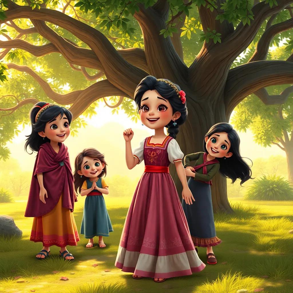 A girl named Maryam in a beautiful ancient dress playing with the four friends, smiling and laughing under a big tree. Digital painting, joyful atmosphere, warm light