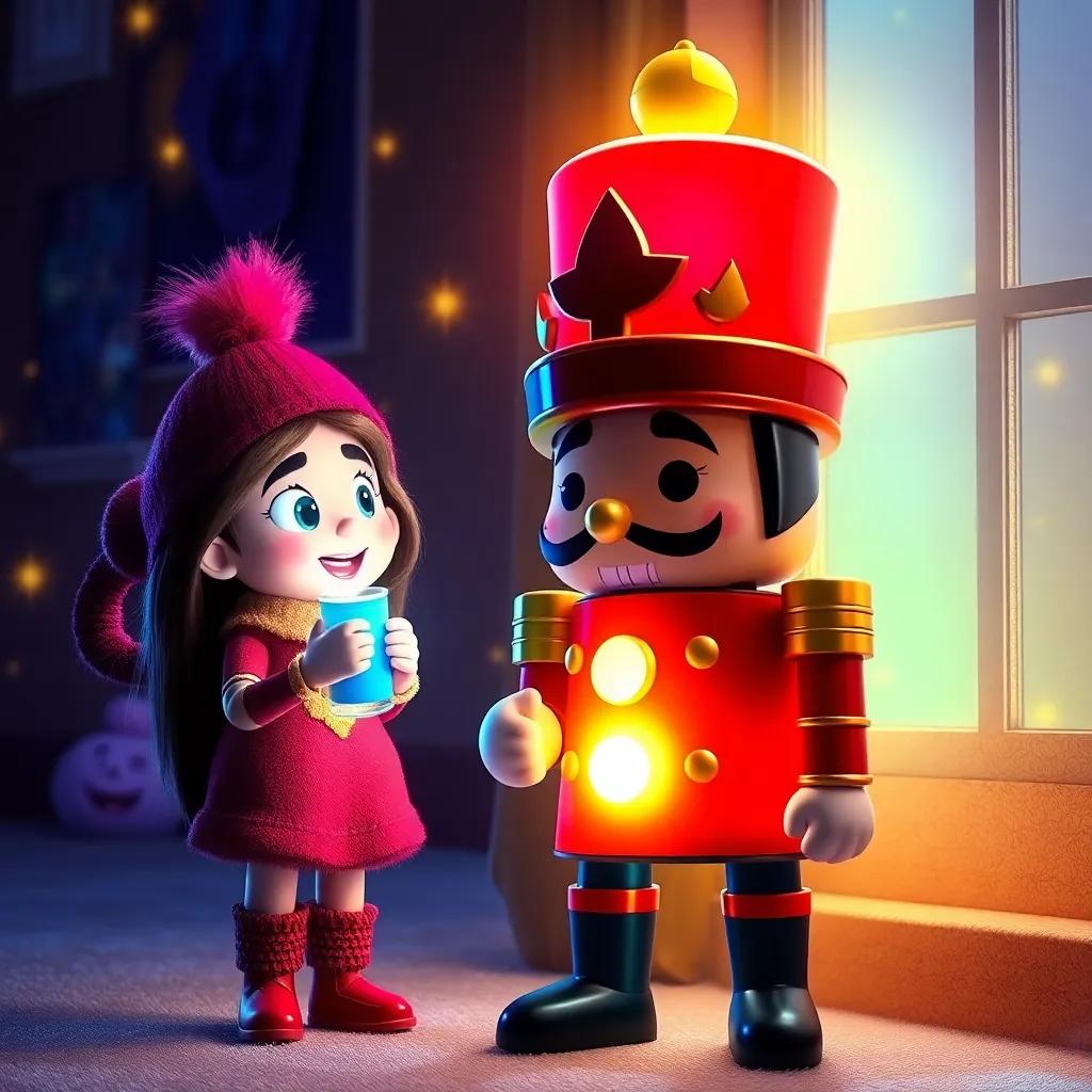 The friends using a magical nutcracker that glows with colorful light, showcasing their newfound powers. Fantasy style, bright and colorful, energetic vibe