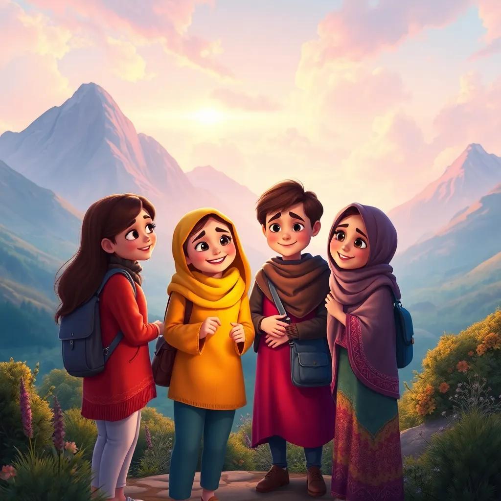 The friends saying goodbye to Maryam with happy faces, surrounded by a magical landscape as they prepare to return home. Heartwarming scene, rich colors, uplifting mood