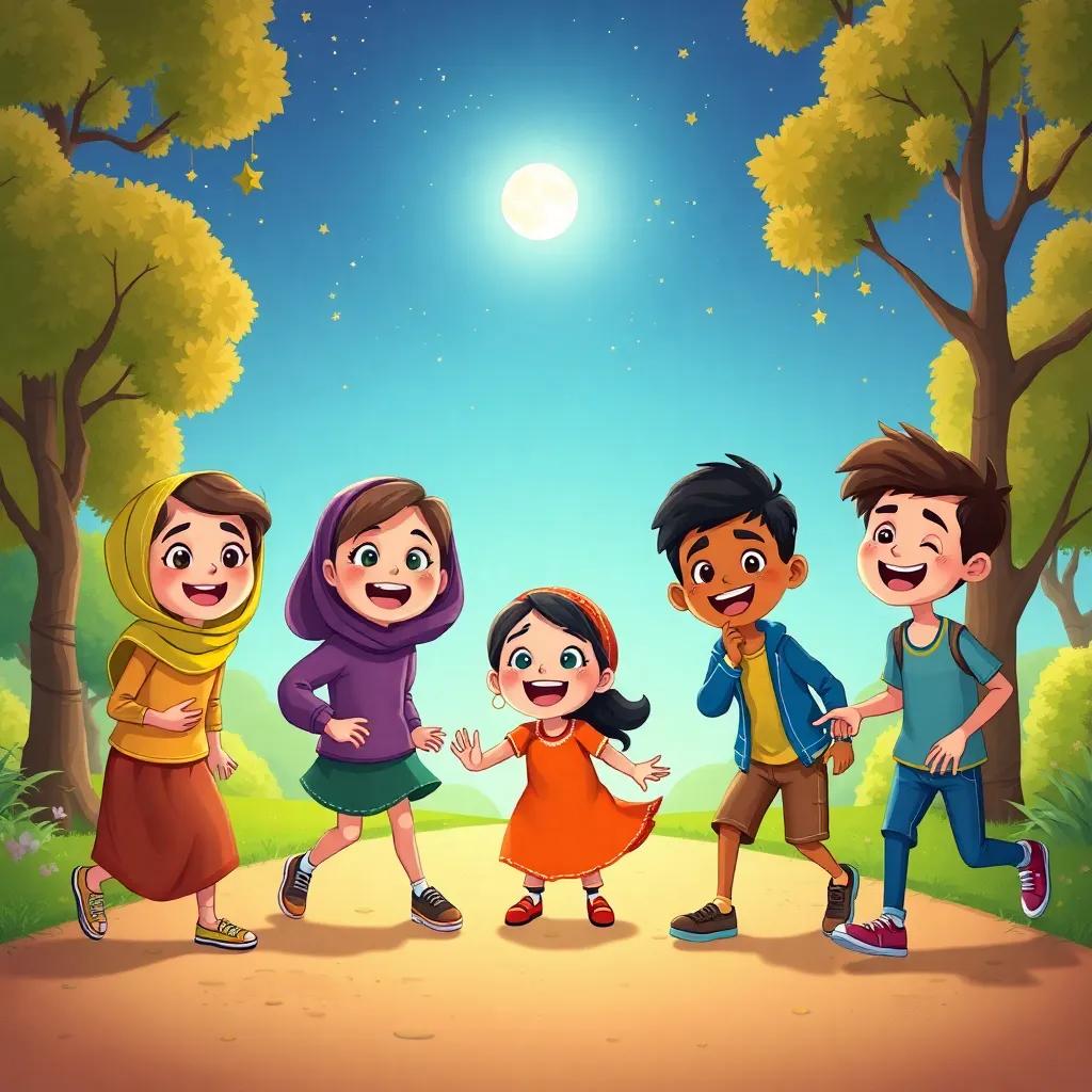 Five friends, Sada, Waleed, Mariam, Youssef, and Rami, playing together under a starlit sky in a park, smiling and excited, with a bright moon shining down, whimsical style, digital art, warm and inviting atmosphere, child-friendly, high quality