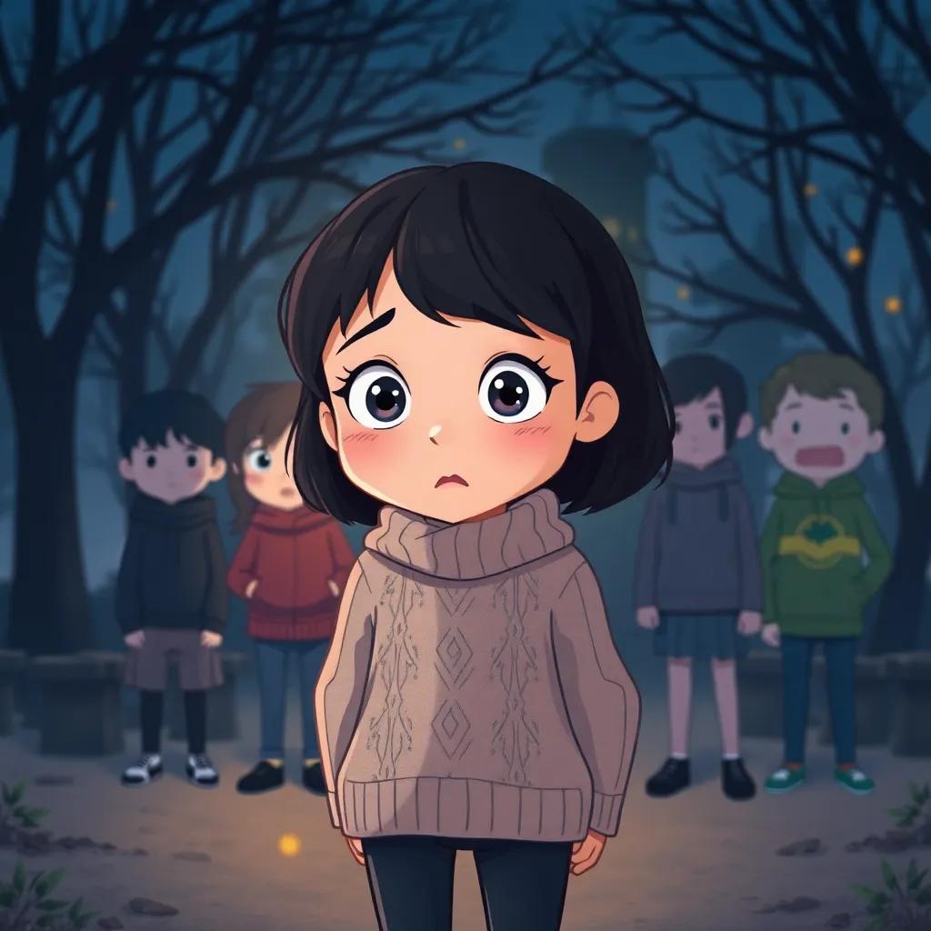 Sada, a young girl with dark hair wearing a cozy sweater, looking a bit scared while standing with her friends in the dark park, surrounded by playful shadows, illustration, child-friendly, vivid colors, engaging perspective, storybook style