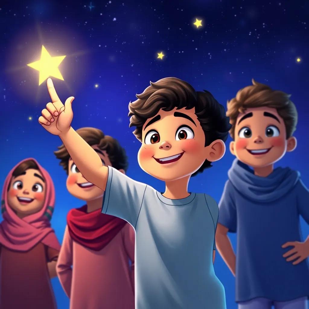 Waleed, a young boy with curly hair in a t-shirt, encouraging Sada and the other friends in the night, pointing to the stars above, cheerful and adventurous, colorful digital painting, friendly atmosphere, uplifting