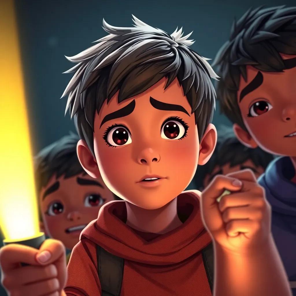 A close-up of Youssef, a young boy with short hair, showing determination as he holds a flashlight, brightening the darkness, with his friends close by, exciting and hopeful, illustration, detail-oriented, warm colors, storytelling view