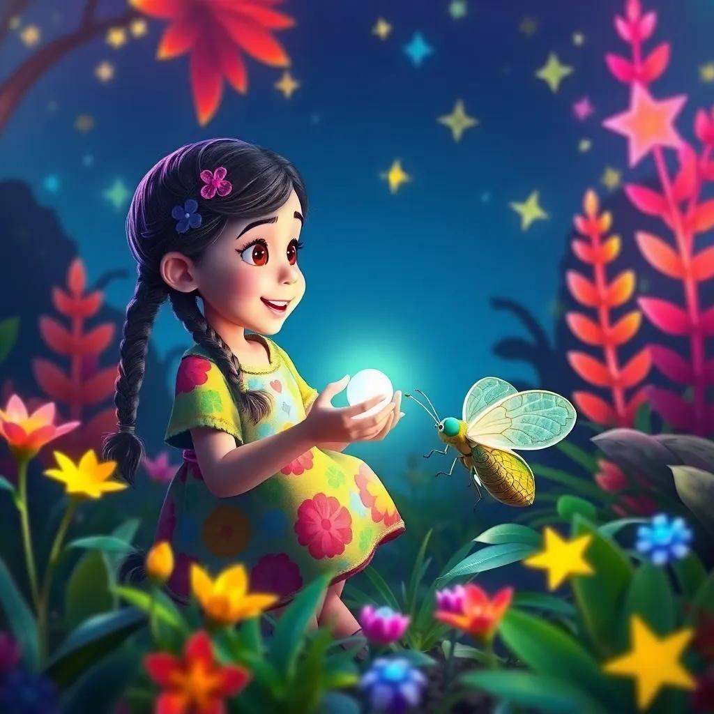 Mariam, a young girl with braided hair wearing a colorful dress, discovering a glowing bug with Rami near her, surrounded by colorful plants and stars, magical and cheerful, bright and luminous, enchanting atmosphere