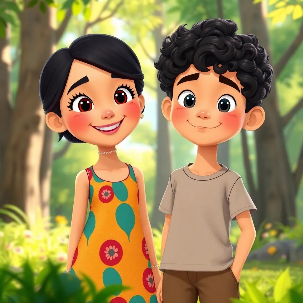 A cheerful girl, Fatima, with long black hair wearing a colorful dress, standing next to a boy, Bilal, with curly hair and casual clothes, in a sunny forest, digital art, vibrant colors, cheerful atmosphere, high quality