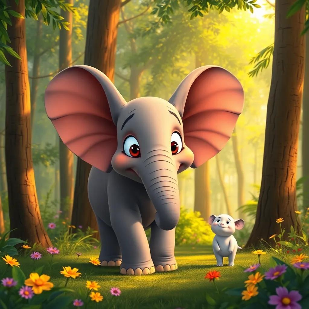A friendly elephant with big ears, in the middle of a lush forest, looking at Fatima and Bilal, surrounded by tall trees and colorful flowers, illustration, warm light, inviting scenery, high quality