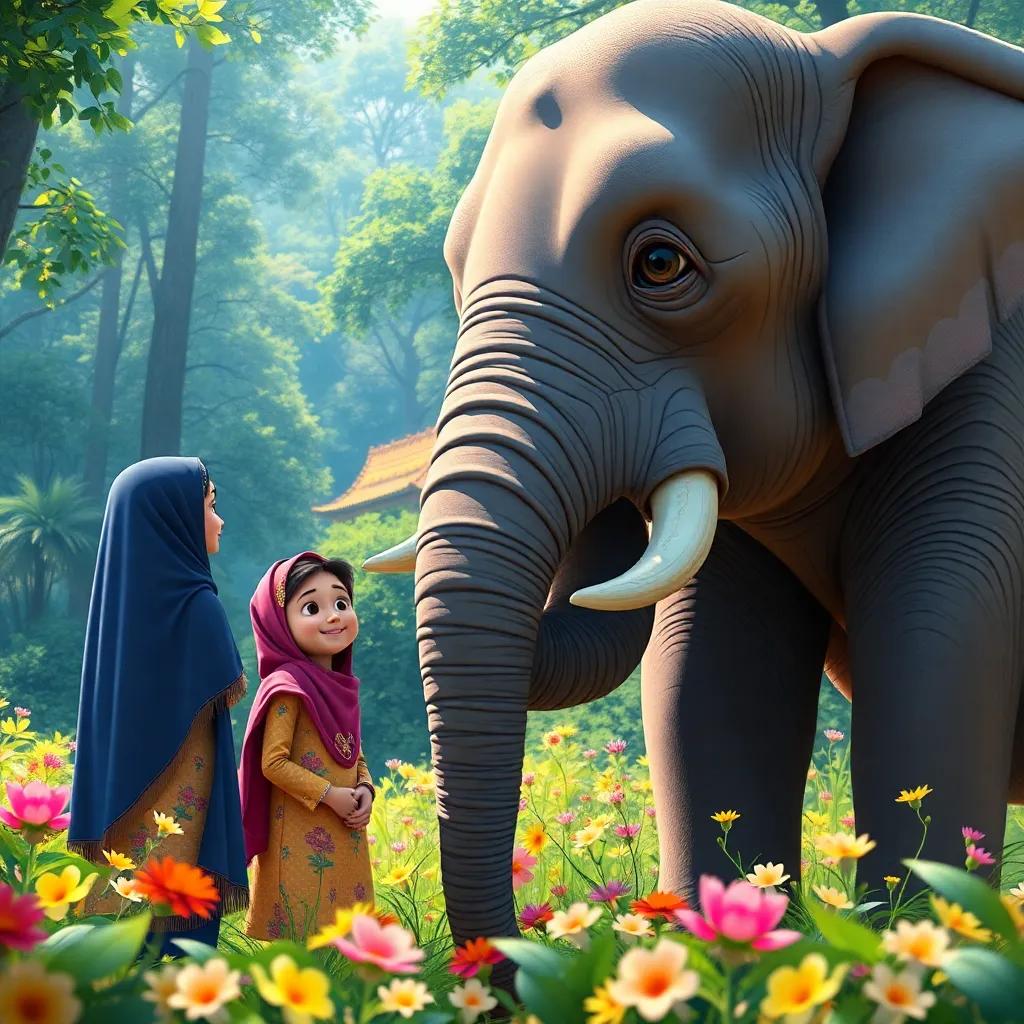 Fatima and Bilal talking to the elephant, with excitement in their eyes, the elephant gently using its trunk to point towards a flower-filled area, colorful and lively forest view, detailed digital art, high quality