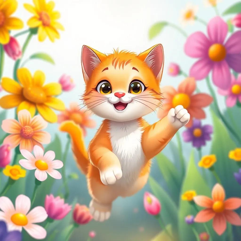 A playful cat with soft fur, jumping out from vibrant flowers to meet Fatima and Bilal, with bright colors and cheerful expressions, illustration, child-friendly style, high quality