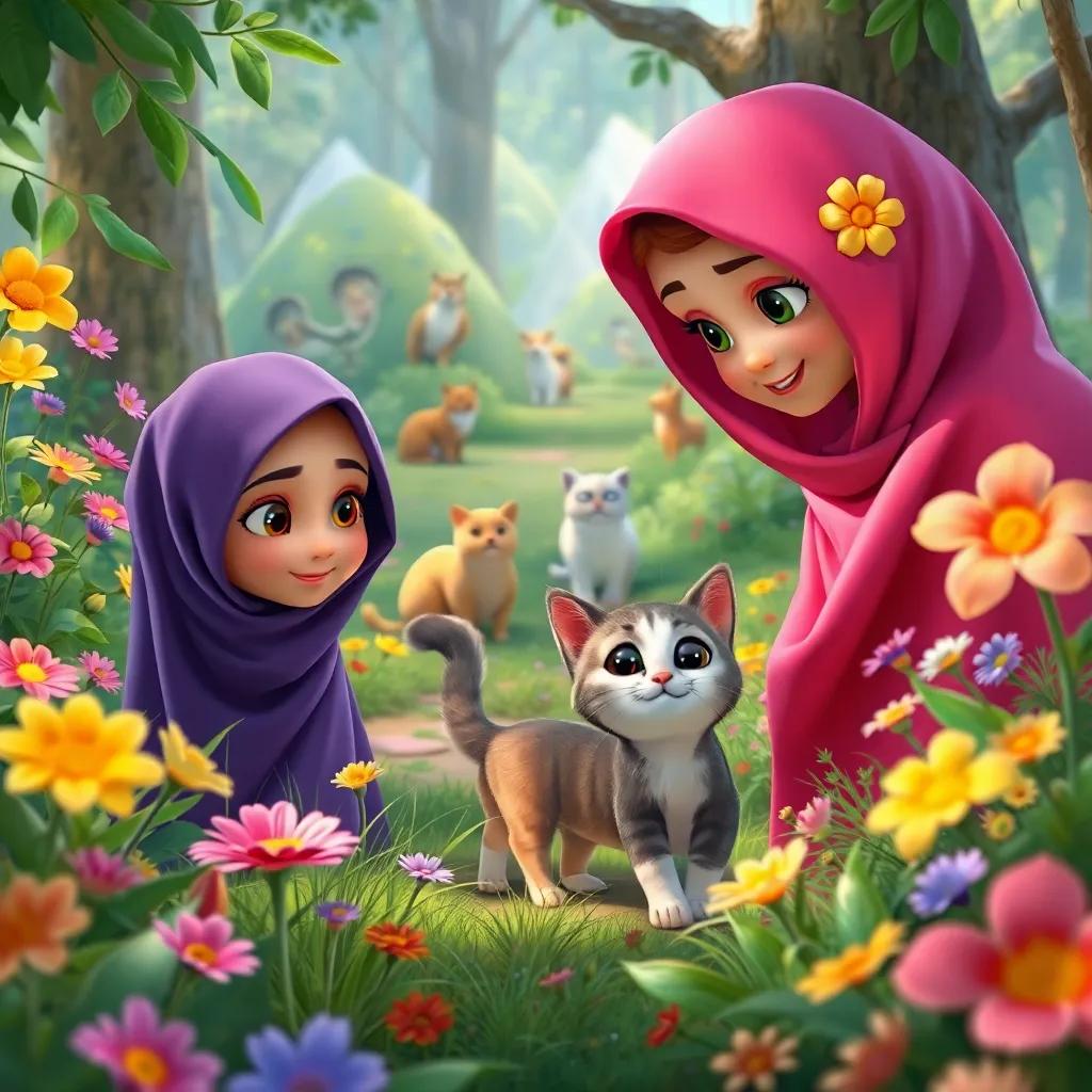 Fatima, Bilal, and the cat exploring the forest, surrounded by beautiful flowers and greenery, animals watching in the background, playful atmosphere, digital art, colorful and bright, high quality