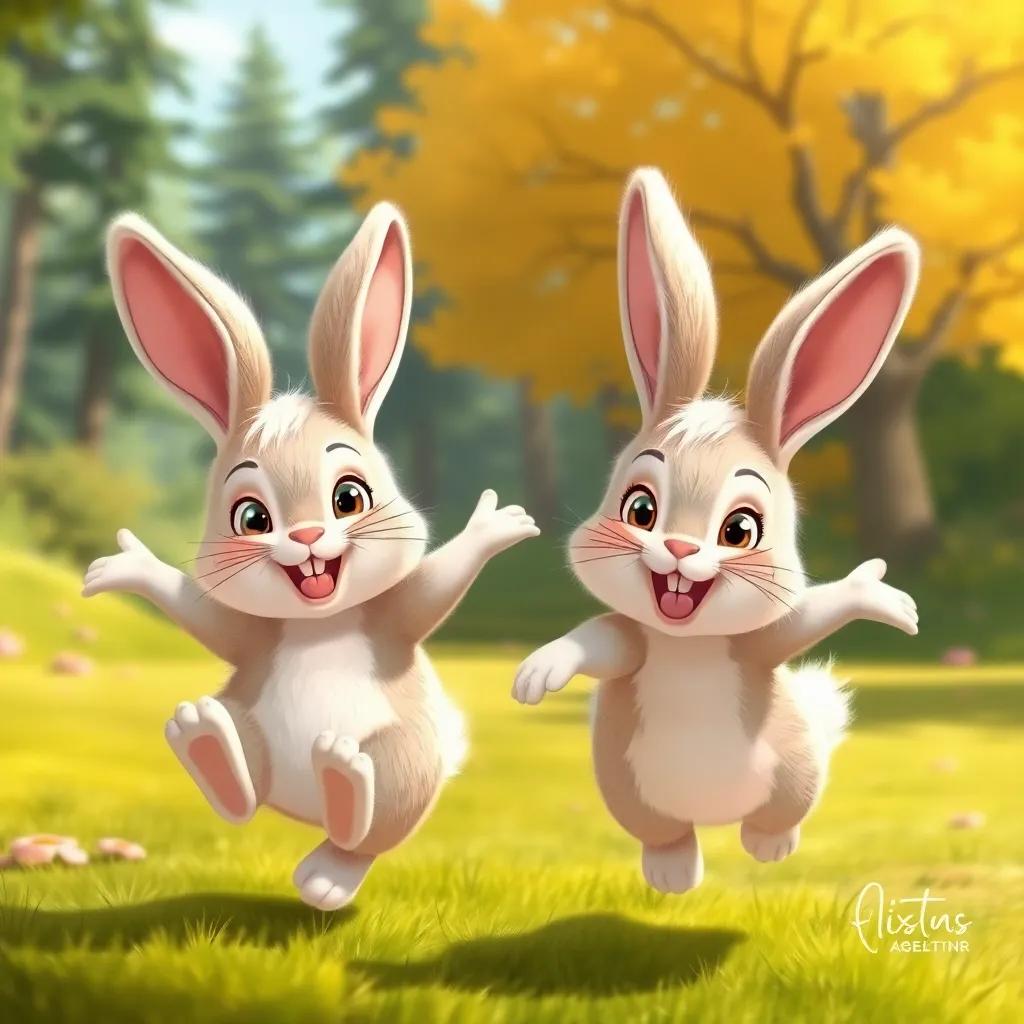 Two fluffy rabbits hopping playfully around Fatima and Bilal, with a cheerful expression on their faces, sunny forest background, illustration, friendly and fun, high quality