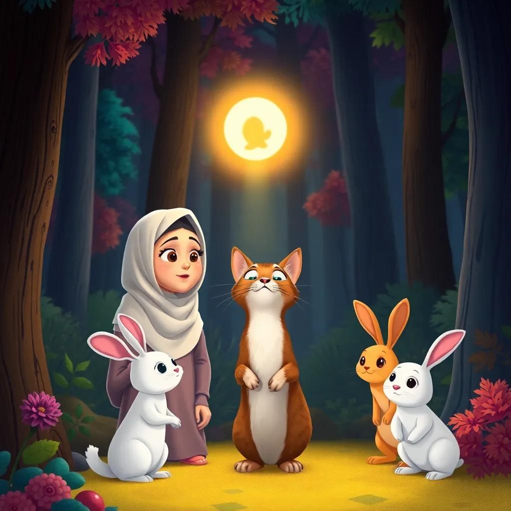 Fatima, Bilal, the cat, and the rabbits looking surprised at a mysterious sound in the forest, surrounded by colorful trees, illustration, playful and intriguing, high quality