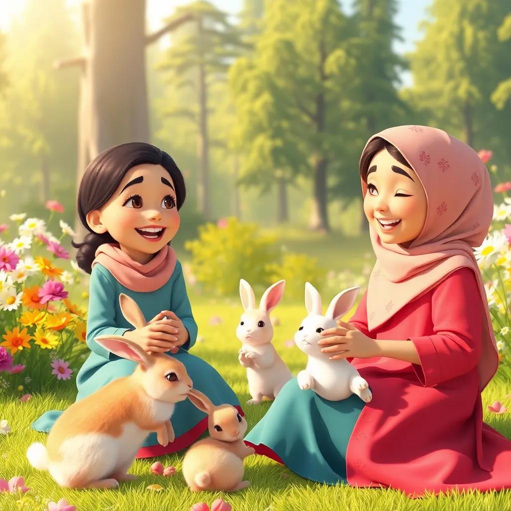 Fatima and Bilal playing with the rabbits, laughing and having fun, beautiful flowers and tall trees in the background, warm sunlight, cheerful atmosphere, digital art, high quality