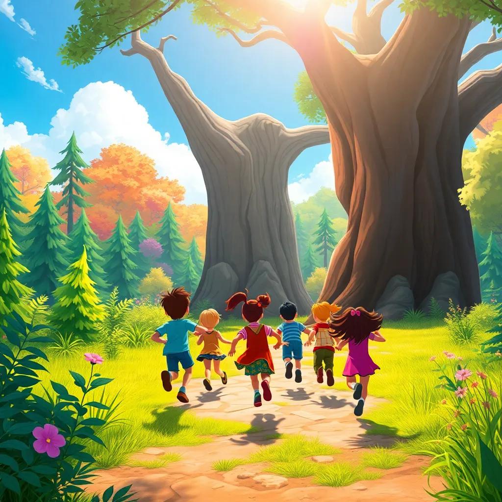 The group of friends running toward a big tree, excited to find the treasure, colorful forest and bright sky surrounding them, illustration, adventure-filled, high quality