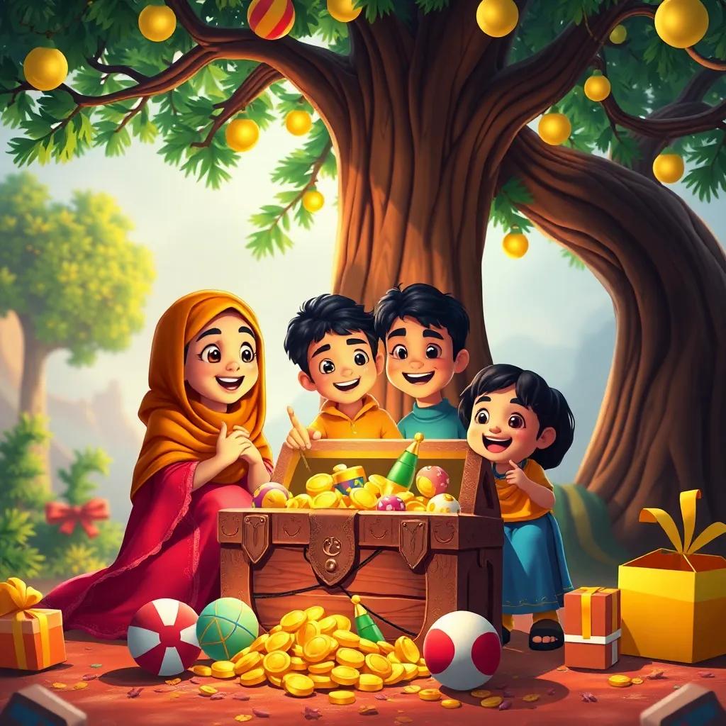 Fatima, Bilal and their friends celebrating by a treasure chest full of gold and toys under the big tree, joyful expressions, bright colors and fun atmosphere, digital art, high quality