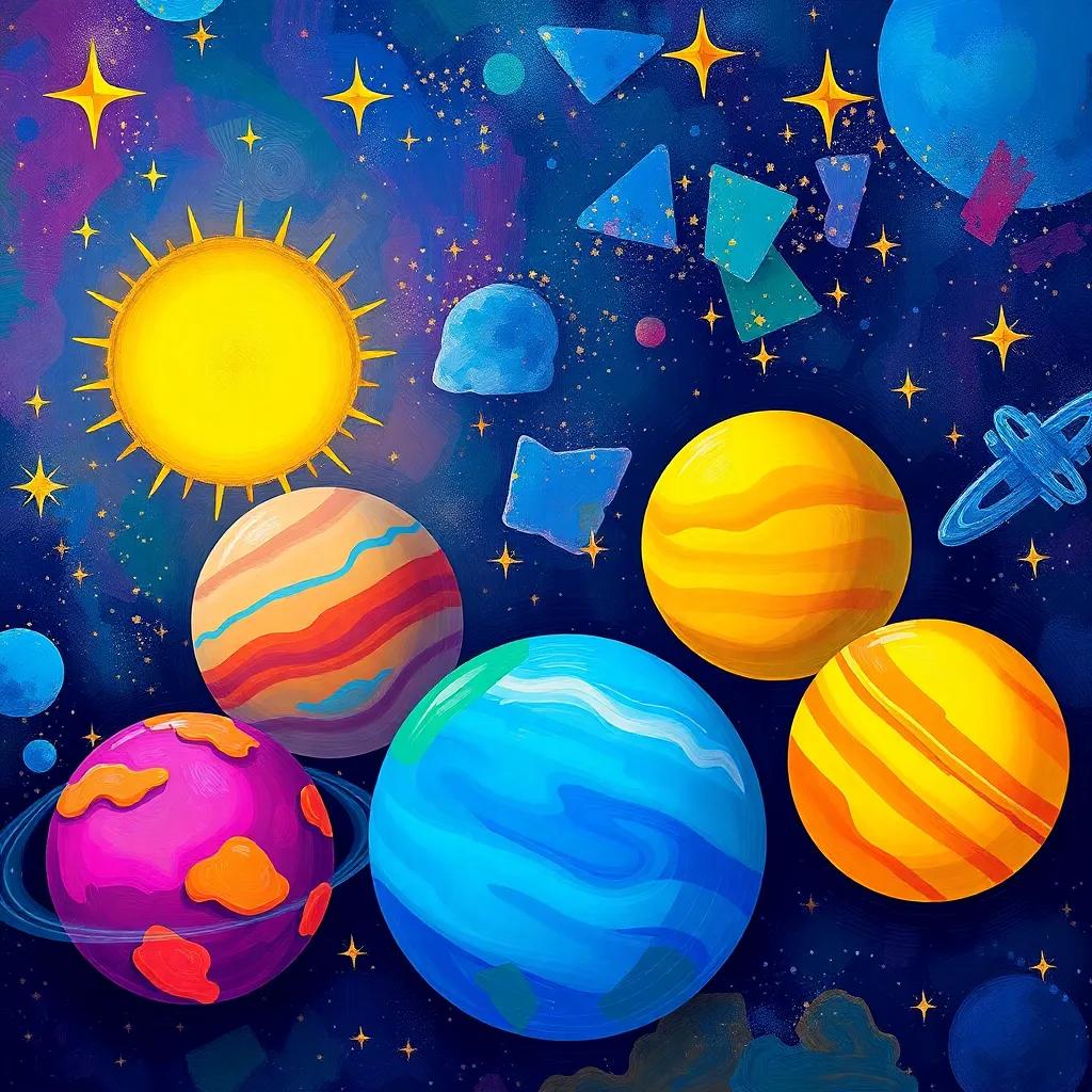 A vibrant scene of five colorful planets in space, with a bright yellow star in the background, twinkling stars all around, digital art, bright colors, cheerful atmosphere, high quality