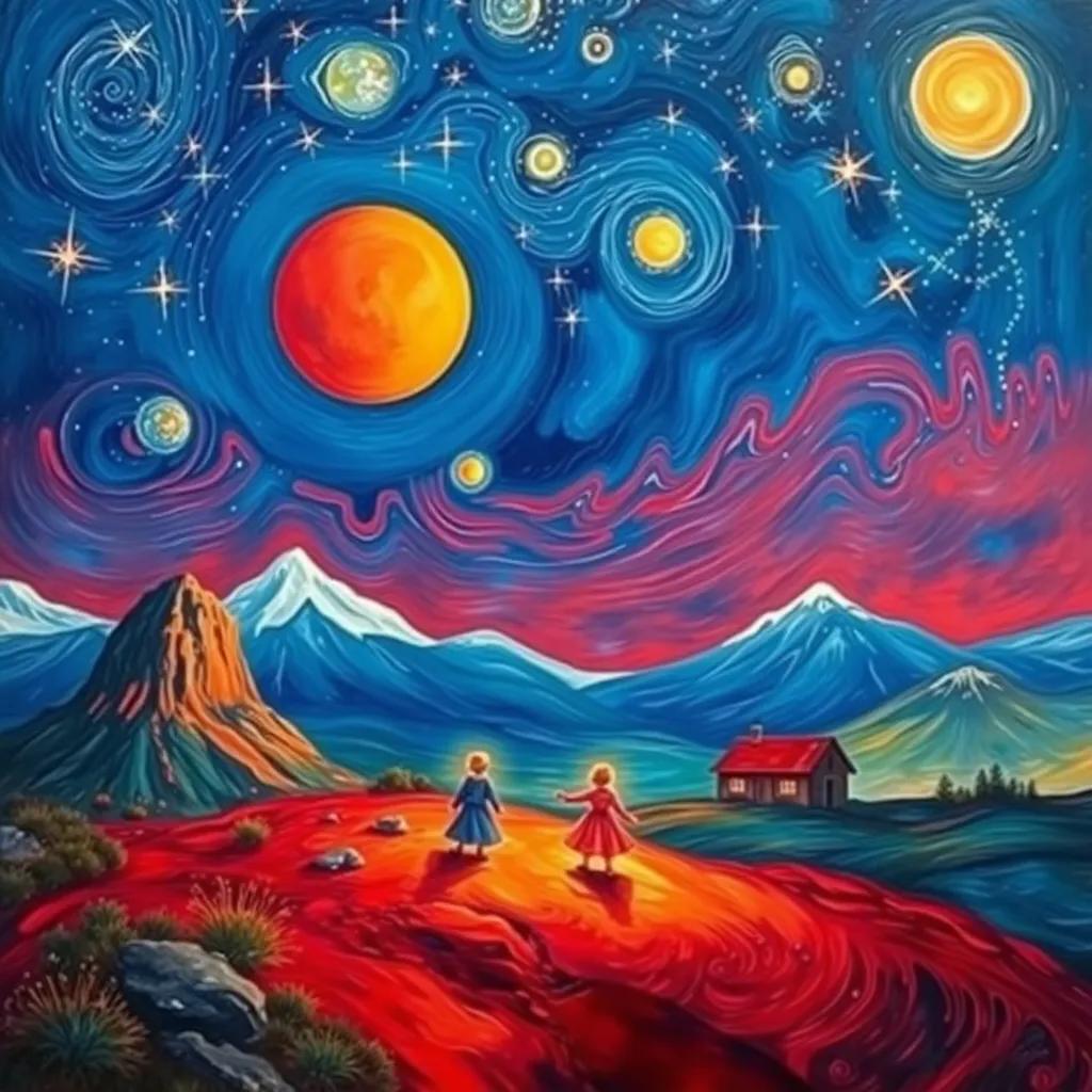 The red planet with warm and cozy landscapes, friendly glowing characters, a joyful dancing scene under twinkling stars, pastel colors, enchanting view, high quality