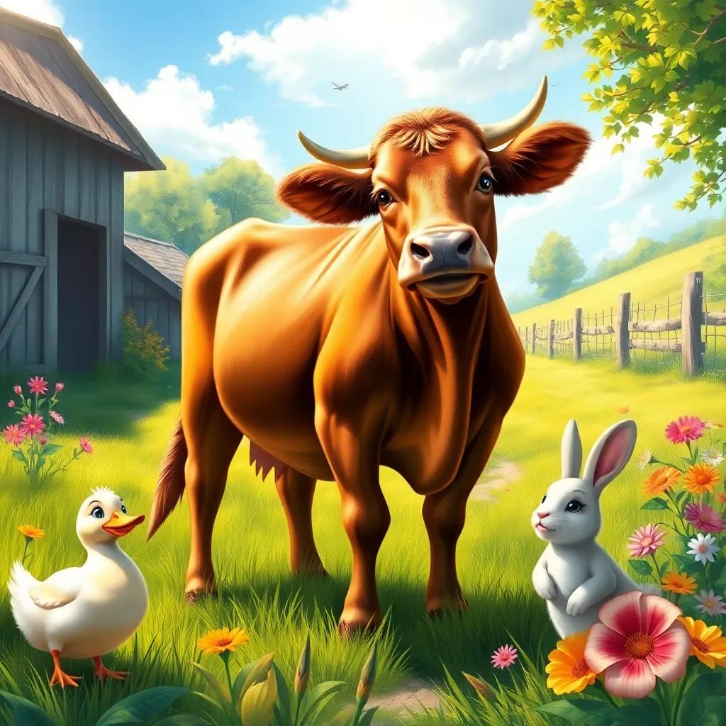 A large brown cow named Basma standing happily in a sunny farm, surrounded by a cheerful duck and playful rabbit, filled with green grass and bright flowers, digital art, vibrant colors, warm sunlight, inviting atmosphere, rich details
