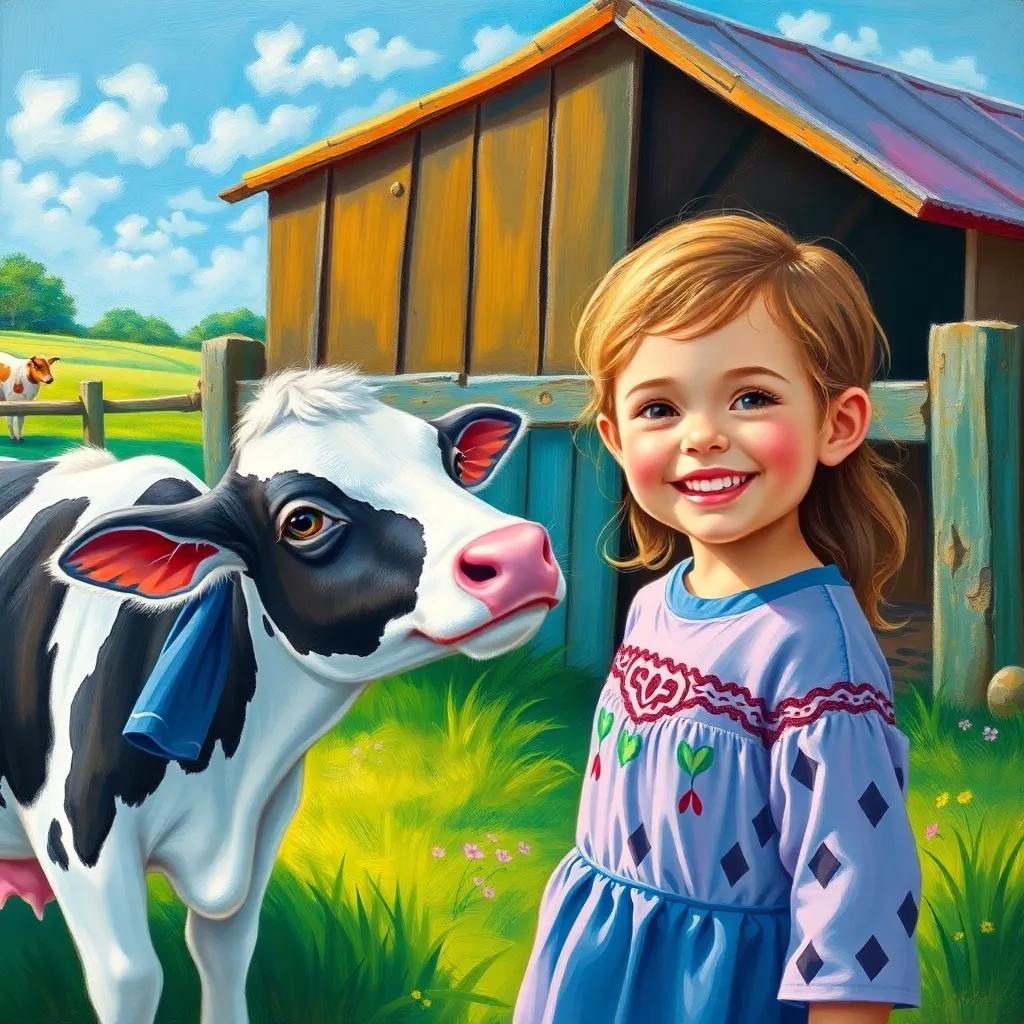 A happy child visiting the farm, smiling and thanking God for the animals, with Basma the cow and her friends nearby, colorful scenery with happy expressions, bright colors, heartwarming scene, uplifting atmosphere