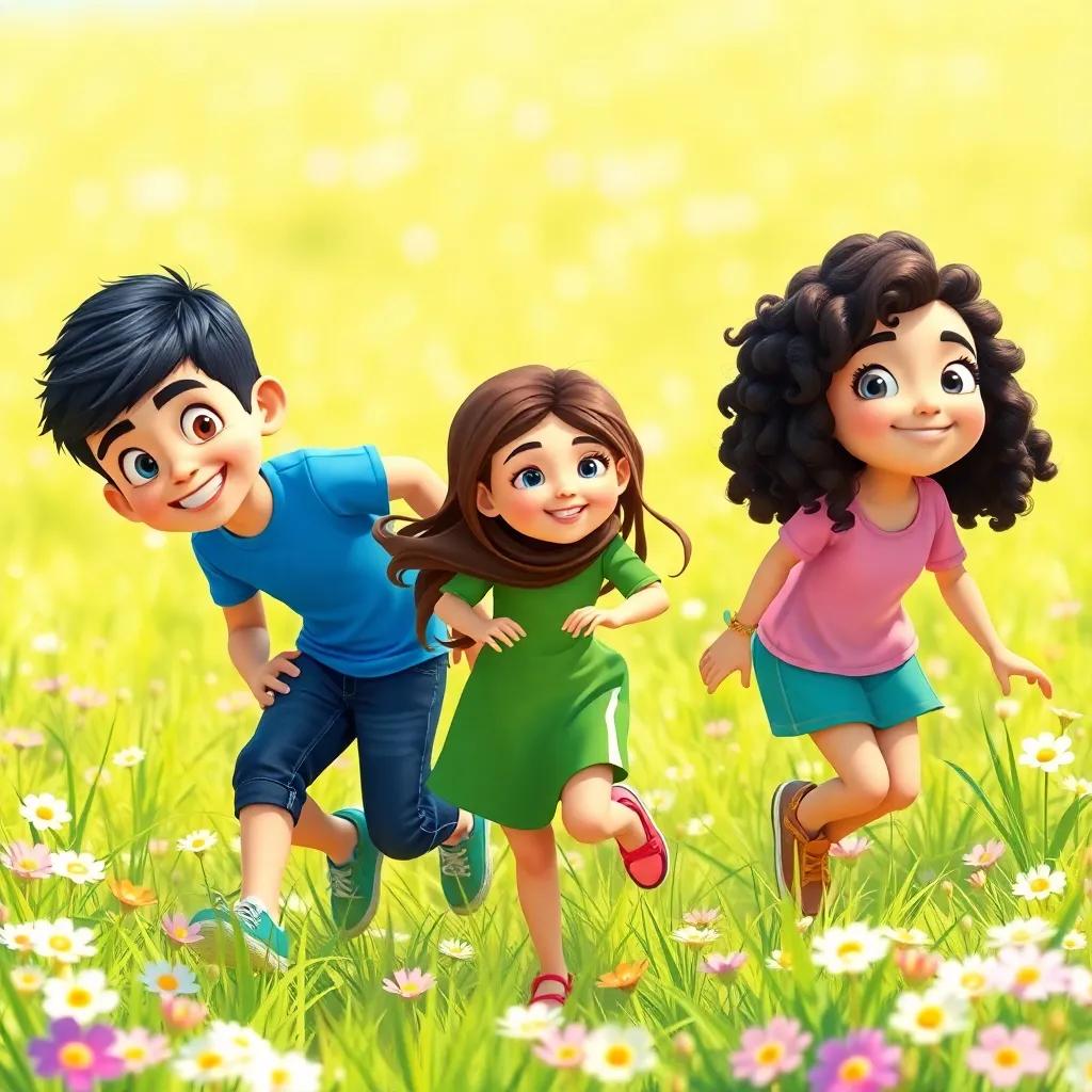 A group of three friends: Sami, a young Arab boy with short black hair wearing a blue t-shirt and jeans, Leila, a young Arab girl with long brown hair wearing a green dress, and Lin, a young Arab girl with curly black hair wearing a pink top, playing in a green field with flowers, sunny day, cheerful atmosphere, digital art, vibrant colors, child-friendly