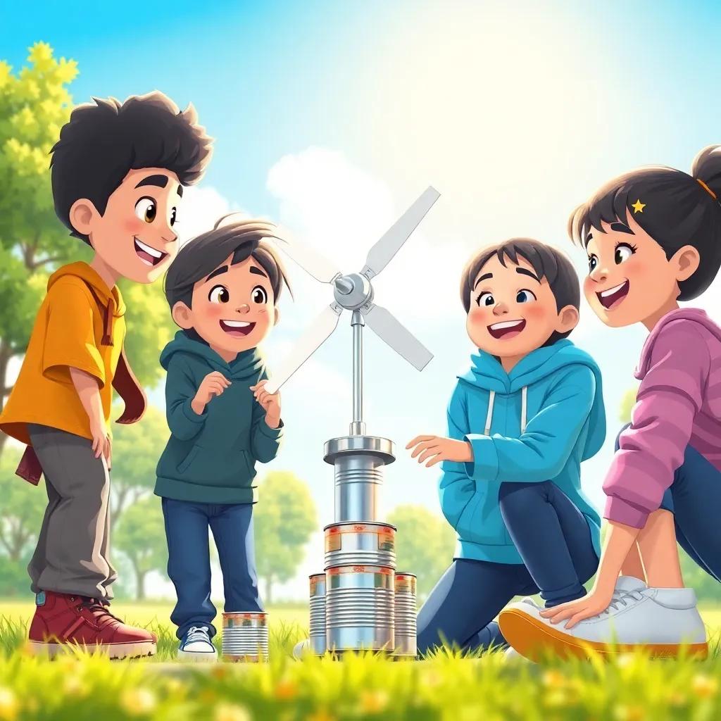Sami, Leila, and Lin building a small wind turbine from old food cans in a sunny park. They are excitedly working together, smiling and laughing, bright sky, cheerful colors, engaging scene, illustration, joyful, childlike wonder