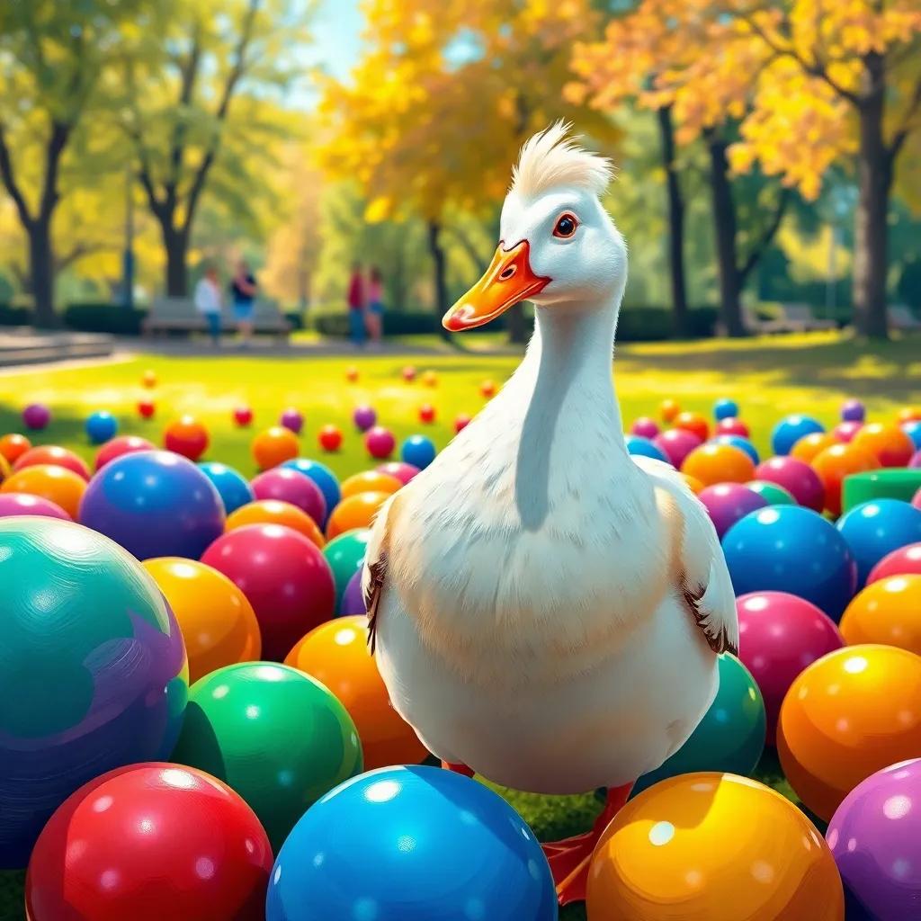 A beautiful duck, Leila, with bright feathers standing beside colorful balls in a sunny park, cheerful atmosphere, vibrantly colored, digital art