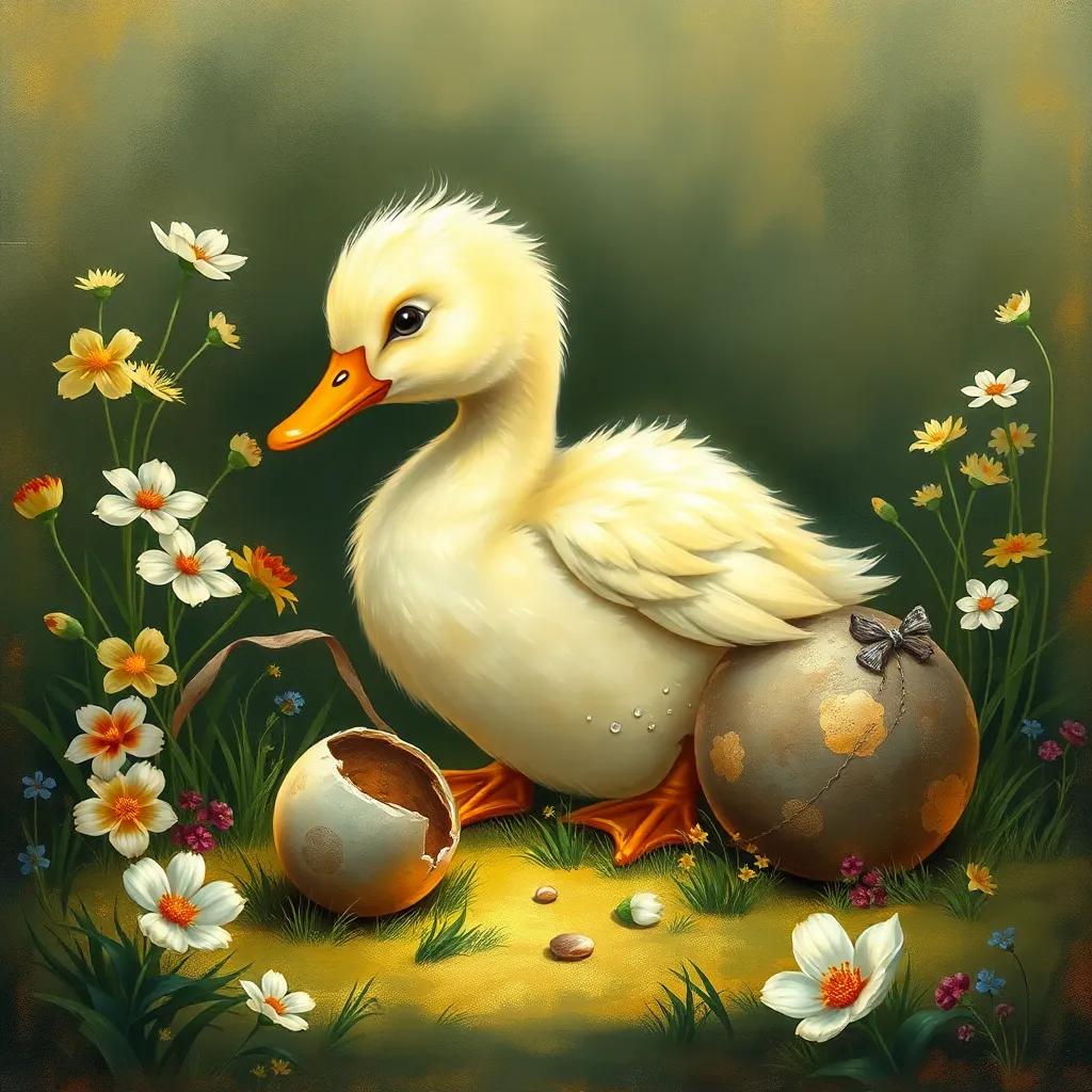 A sad duck, Sarah, with soft feathers sitting beside a broken ball, reflecting regret, surrounded by flowers and grass, warm light, illustration