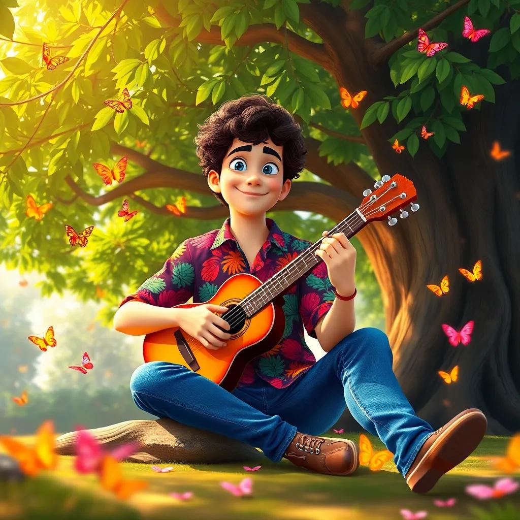 A talented musician, Basel, with short curly hair, wearing a colorful shirt and jeans, sitting under a large, leafy tree, holding a beautiful musical instrument, surrounded by dancing butterflies, bright and cheerful atmosphere, digital art, vibrant colors, warm light, high quality